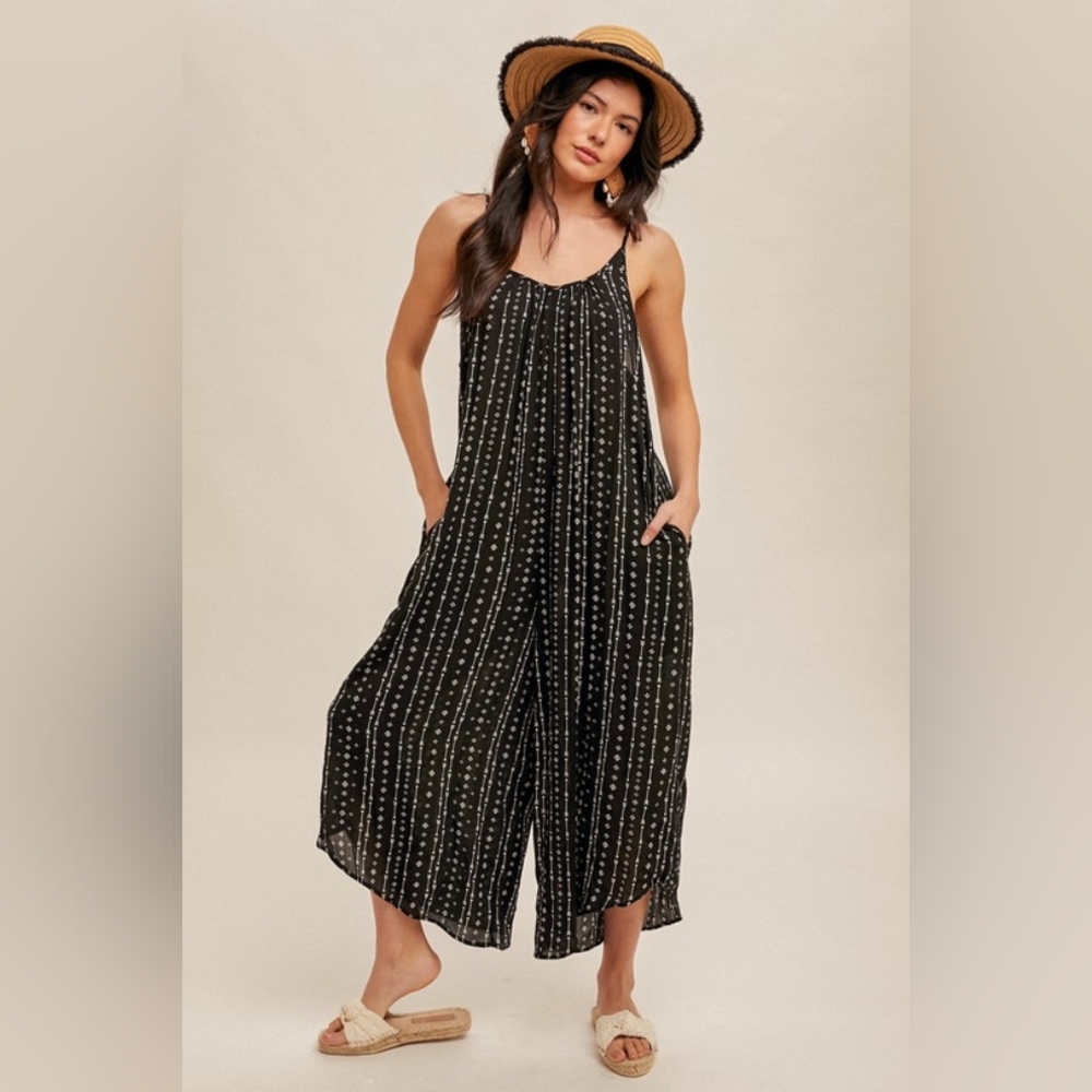 Hem & Thread Black and White Printed Oversized Jumpsuit